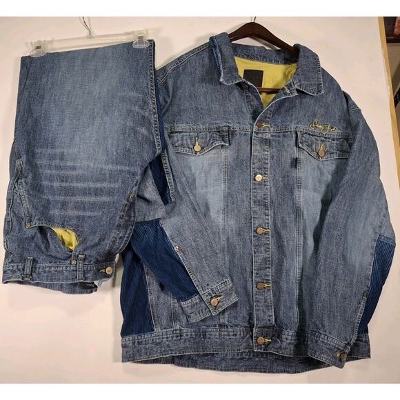 Sean John Suit Men XXL 38/30 Blue Denim Jacket Jeans Corduroy Streetwear - Picture 1 of 11